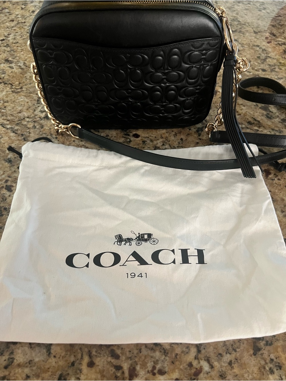 Coach Black Embossed Signature Camera Crossbody Bag